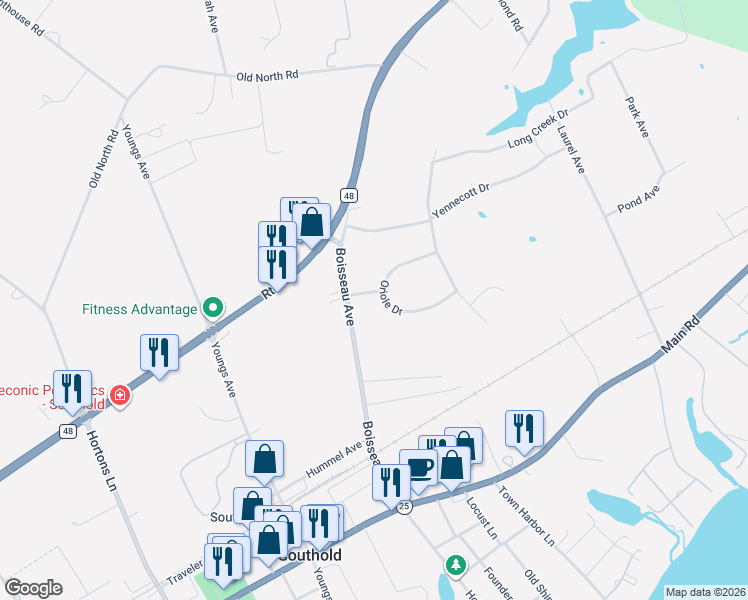 map of restaurants, bars, coffee shops, grocery stores, and more near 1000 Oriole Drive in Southold