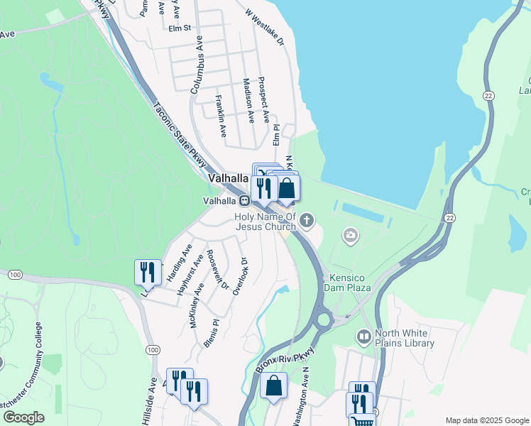 map of restaurants, bars, coffee shops, grocery stores, and more near 2 Cleveland Street in Valhalla