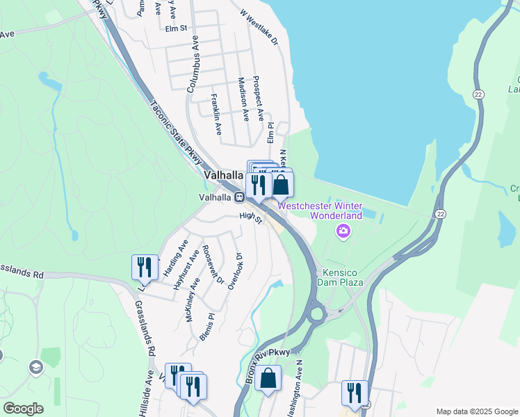 map of restaurants, bars, coffee shops, grocery stores, and more near 2 Cleveland Street in Valhalla
