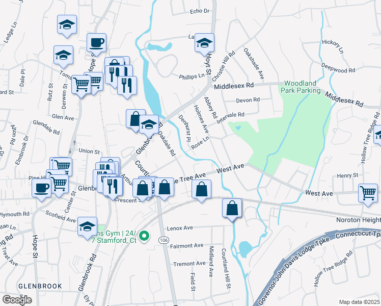 map of restaurants, bars, coffee shops, grocery stores, and more near 96 Rose Lane in Darien