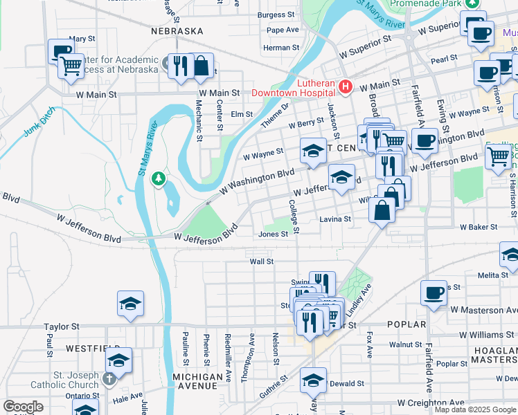 map of restaurants, bars, coffee shops, grocery stores, and more near 1319 West Jefferson Boulevard in Fort Wayne