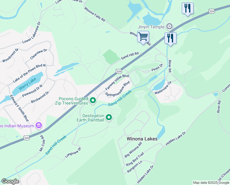map of restaurants, bars, coffee shops, grocery stores, and more near 1660 Springmeadow Boulevard in East Stroudsburg