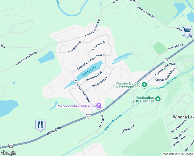 map of restaurants, bars, coffee shops, grocery stores, and more near 129 Pinewood Drive North in East Stroudsburg