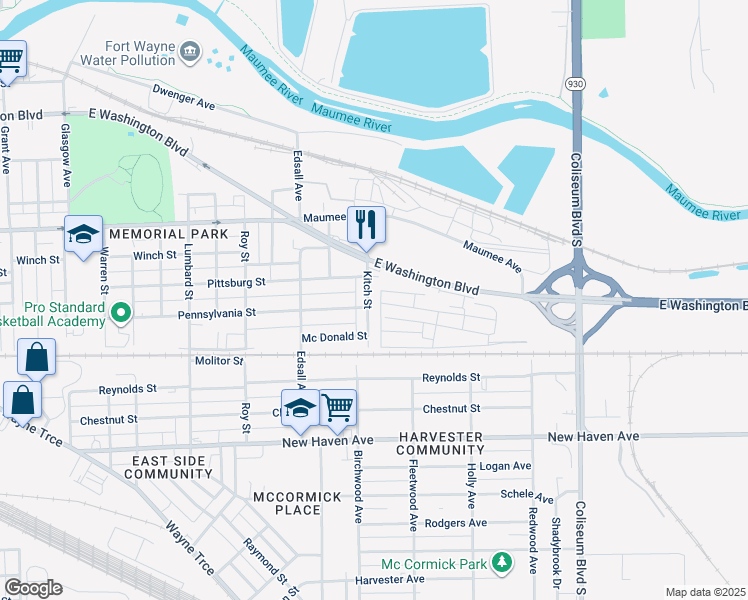map of restaurants, bars, coffee shops, grocery stores, and more near 1425 Kitch Street in Fort Wayne