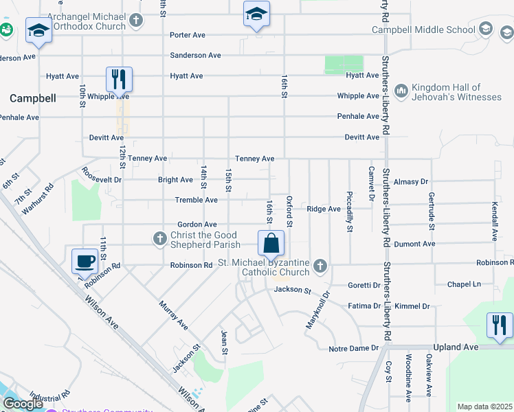 map of restaurants, bars, coffee shops, grocery stores, and more near 84 16th Street in Campbell