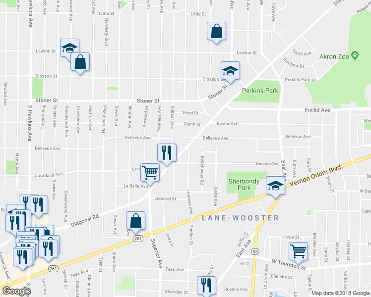 map of restaurants, bars, coffee shops, grocery stores, and more near 1203 Diagonal Road in Akron