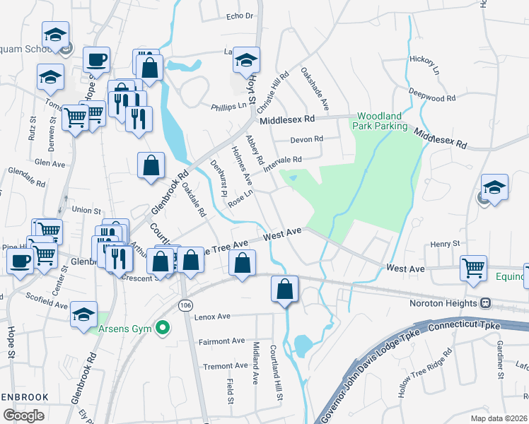 map of restaurants, bars, coffee shops, grocery stores, and more near 8 Park Lane in Darien