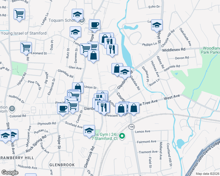 map of restaurants, bars, coffee shops, grocery stores, and more near 31 Cowing Place in Stamford