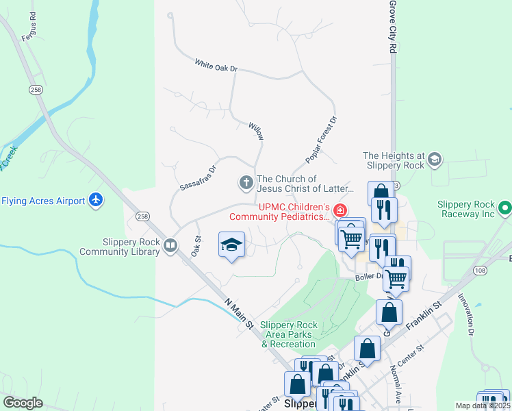 map of restaurants, bars, coffee shops, grocery stores, and more near 258 Kelly Boulevard in Slippery Rock