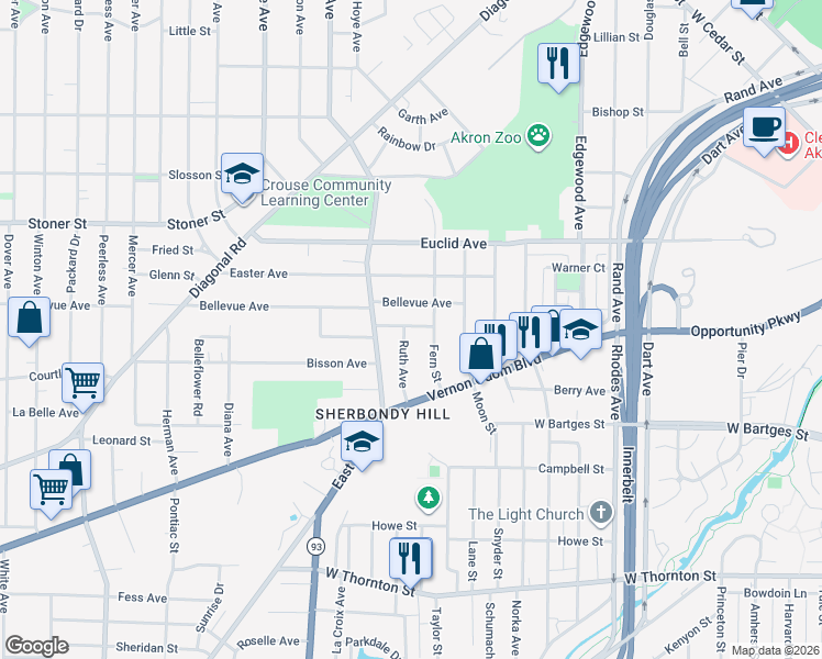 map of restaurants, bars, coffee shops, grocery stores, and more near 720 Fern Street in Akron