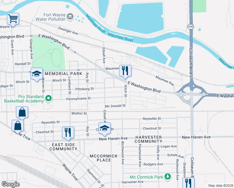 map of restaurants, bars, coffee shops, grocery stores, and more near 3102 Pennsylvania Street in Fort Wayne