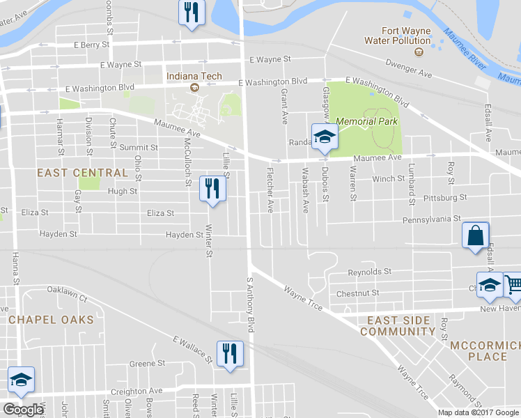 map of restaurants, bars, coffee shops, grocery stores, and more near 1401 Fletcher Avenue in Fort Wayne