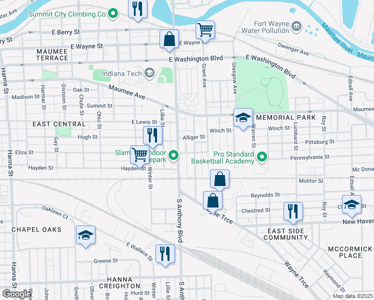 map of restaurants, bars, coffee shops, grocery stores, and more near 1819 Luther Street in Fort Wayne