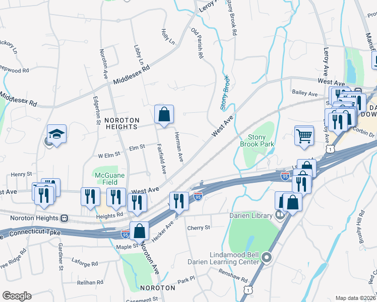 map of restaurants, bars, coffee shops, grocery stores, and more near 10 Herman Avenue in Darien