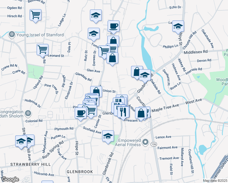 map of restaurants, bars, coffee shops, grocery stores, and more near 49 Union St in Stamford