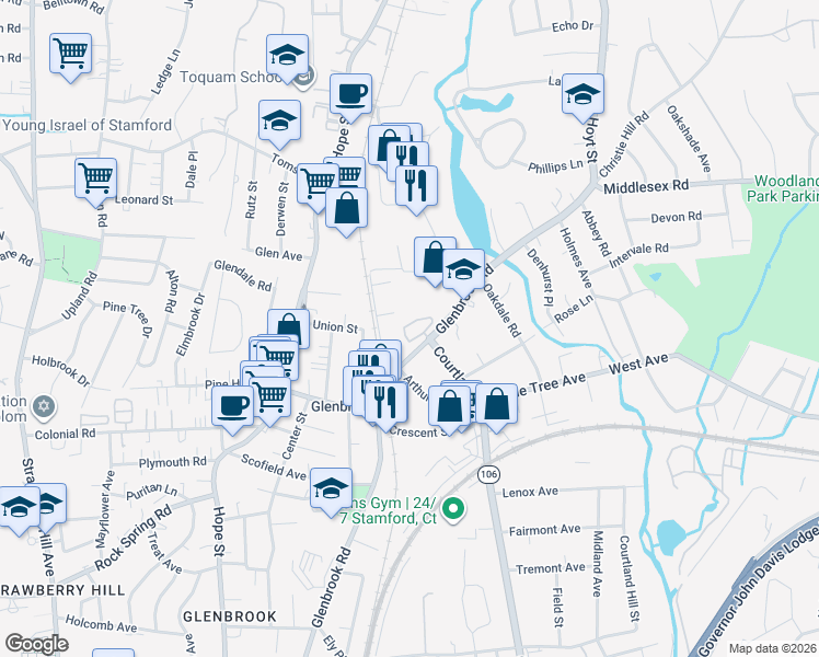 map of restaurants, bars, coffee shops, grocery stores, and more near 31 Cowing Place in Stamford