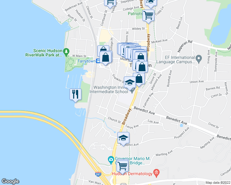 map of restaurants, bars, coffee shops, grocery stores, and more near 63 Riverview Avenue in Tarrytown