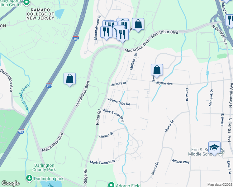 map of restaurants, bars, coffee shops, grocery stores, and more near 944 Juniper Way in Mahwah