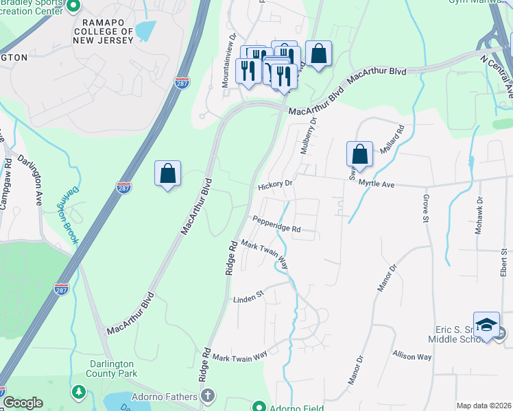 map of restaurants, bars, coffee shops, grocery stores, and more near 981 Juniper Way in Mahwah