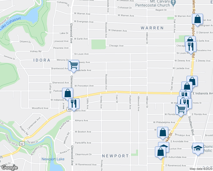 map of restaurants, bars, coffee shops, grocery stores, and more near 498 West Princeton Avenue in Youngstown