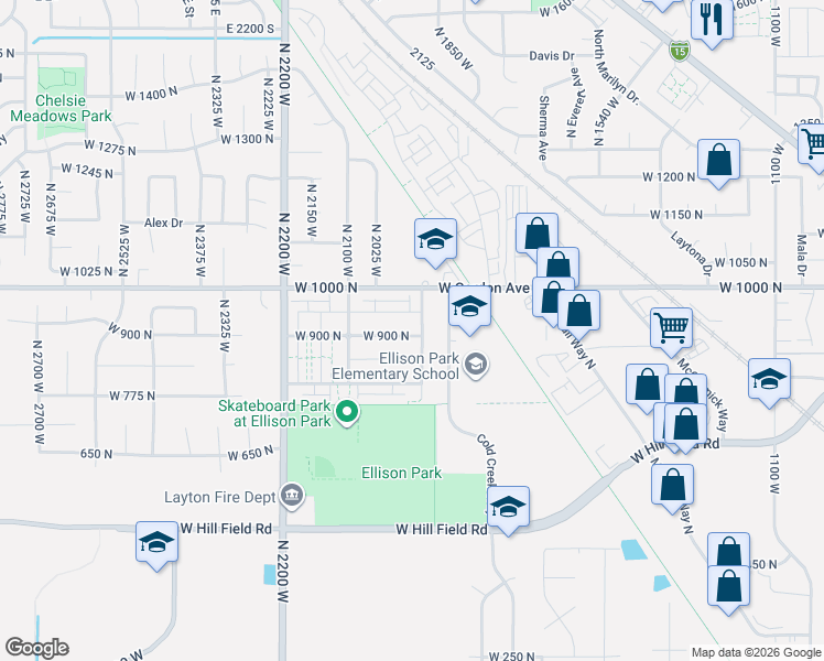map of restaurants, bars, coffee shops, grocery stores, and more near 1938 West 900 North in Layton