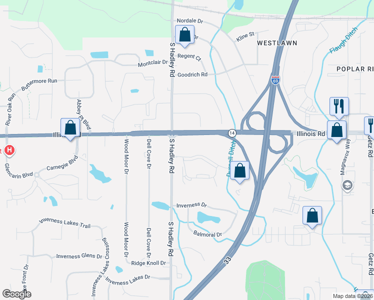 map of restaurants, bars, coffee shops, grocery stores, and more near 7120 Pointe Inverness Way in Fort Wayne