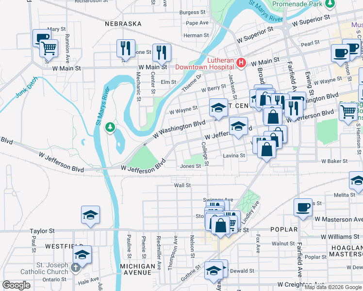 map of restaurants, bars, coffee shops, grocery stores, and more near 1317 West Jefferson Boulevard in Fort Wayne