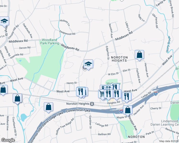 map of restaurants, bars, coffee shops, grocery stores, and more near 204 Hollow Tree Ridge Road in Darien