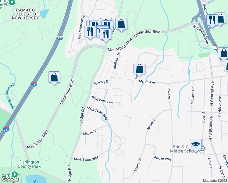 map of restaurants, bars, coffee shops, grocery stores, and more near 806 Sassafras Court in Mahwah