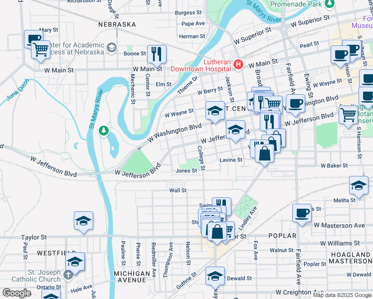 map of restaurants, bars, coffee shops, grocery stores, and more near 1124 Nelson Street in Fort Wayne