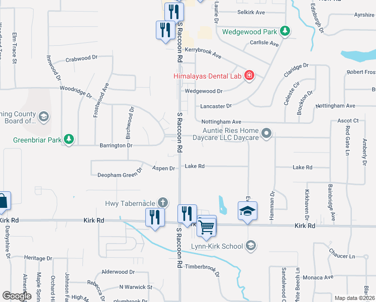 map of restaurants, bars, coffee shops, grocery stores, and more near 4320 Lake Road in Youngstown