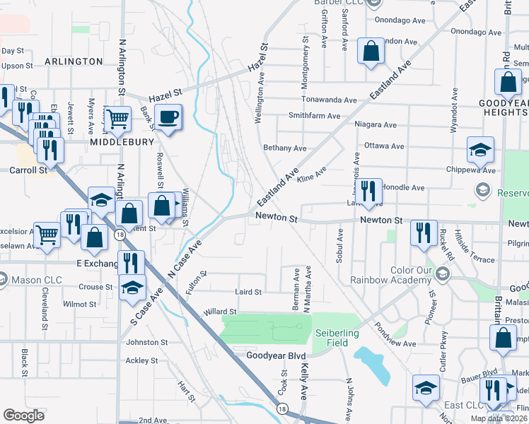 map of restaurants, bars, coffee shops, grocery stores, and more near 1159 Newton Street in Akron