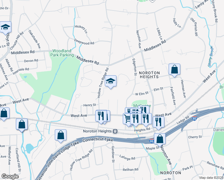 map of restaurants, bars, coffee shops, grocery stores, and more near 204 Hollow Tree Ridge Road in Darien