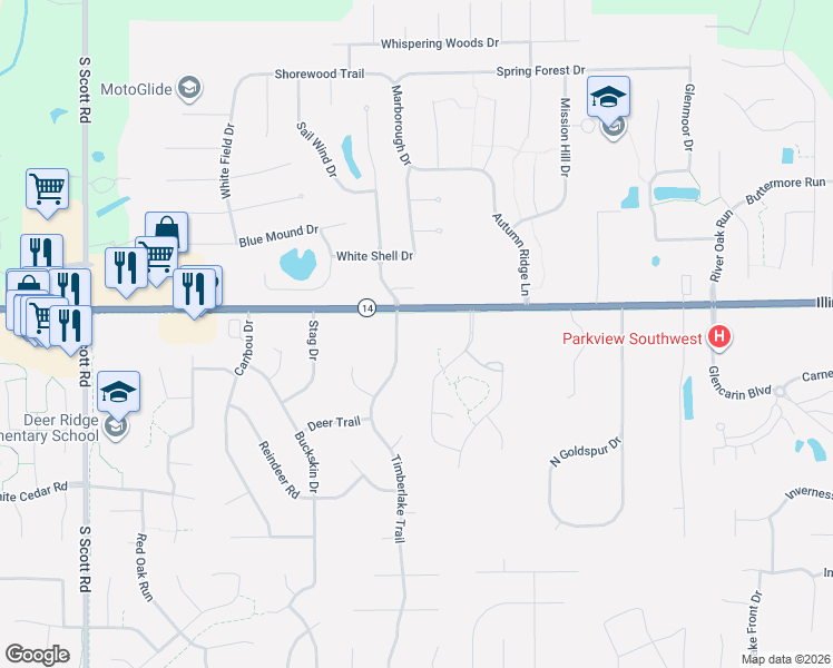 map of restaurants, bars, coffee shops, grocery stores, and more near 1600 Timberlake Trail in Fort Wayne