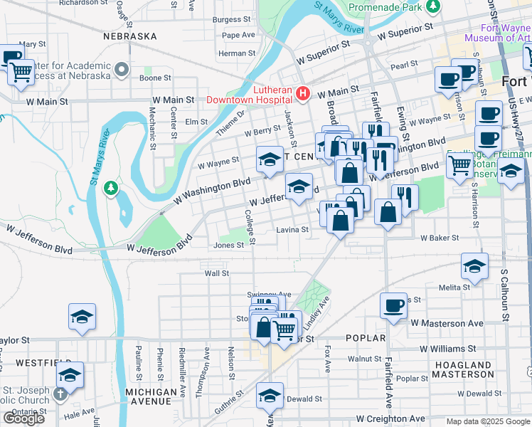 map of restaurants, bars, coffee shops, grocery stores, and more near 1029 Wilt Street in Fort Wayne