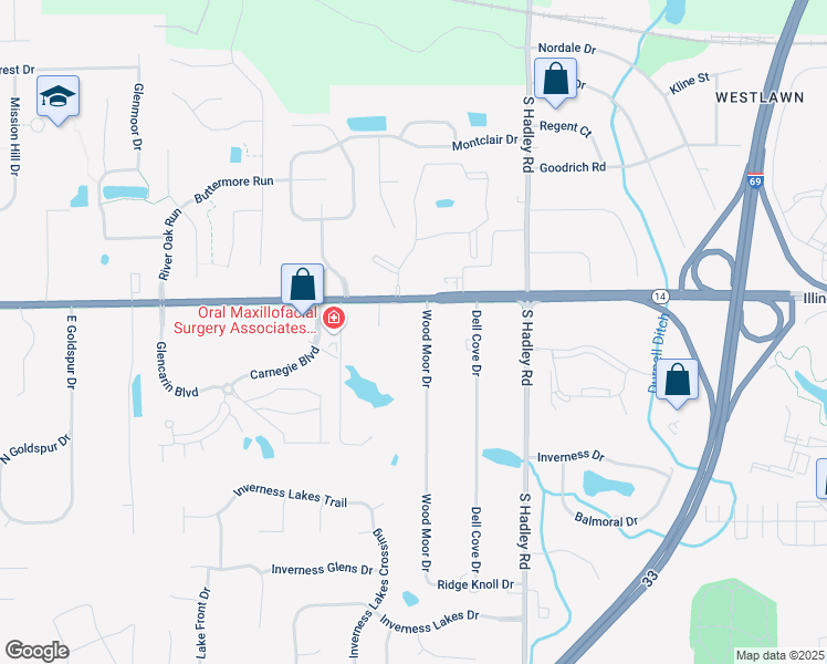 map of restaurants, bars, coffee shops, grocery stores, and more near 1308 Wood Moor Dr in Fort Wayne