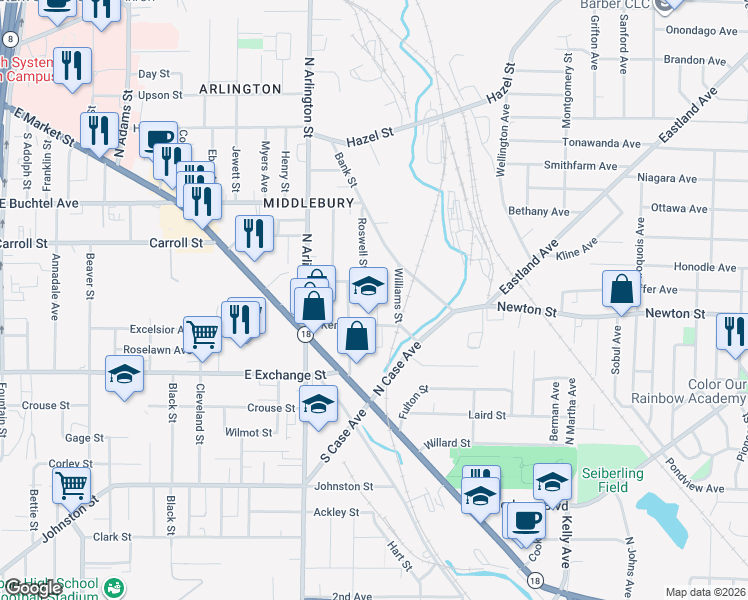 map of restaurants, bars, coffee shops, grocery stores, and more near 81 Kent Court in Akron