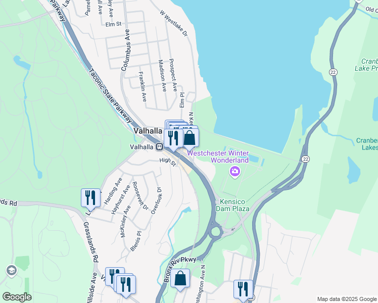 map of restaurants, bars, coffee shops, grocery stores, and more near 6 Broadway in Valhalla