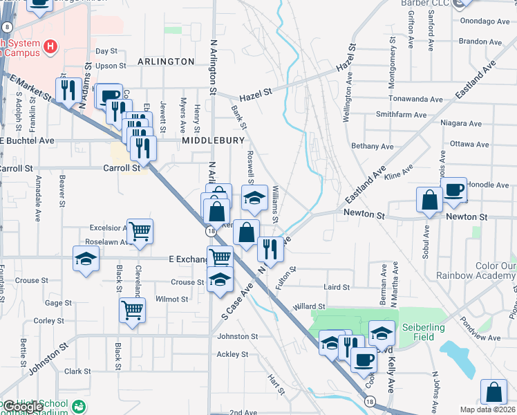 map of restaurants, bars, coffee shops, grocery stores, and more near 81 Kent Court in Akron