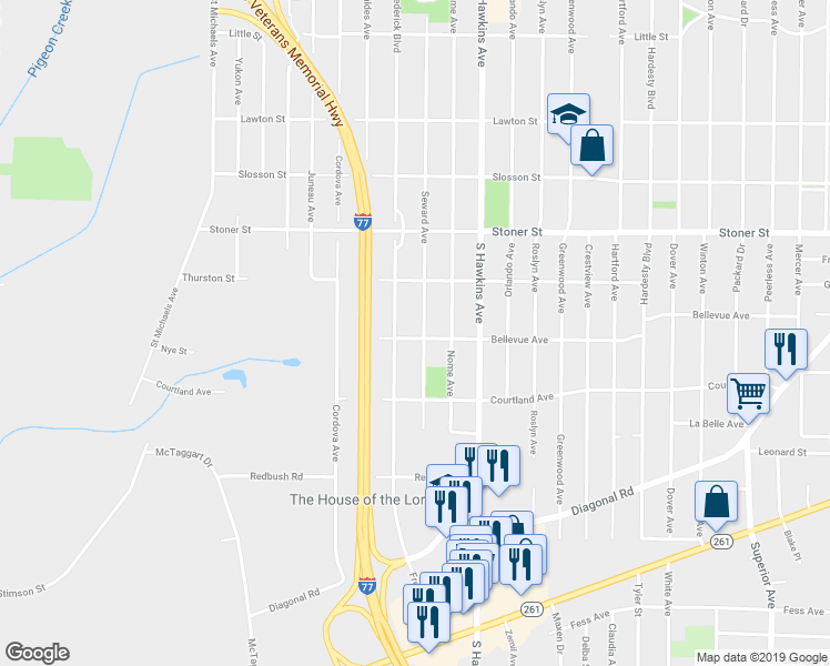 map of restaurants, bars, coffee shops, grocery stores, and more near 1329 Seward Avenue in Akron