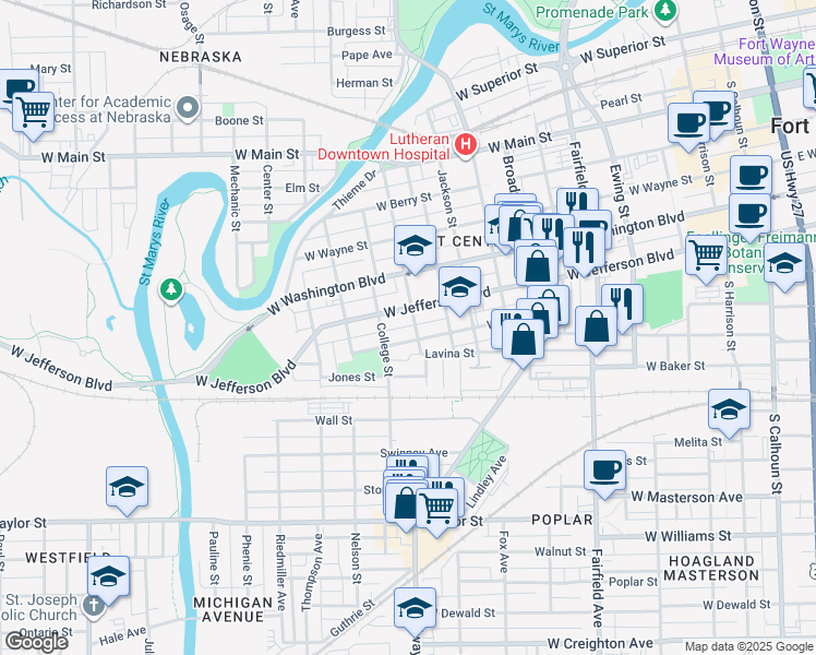 map of restaurants, bars, coffee shops, grocery stores, and more near 1029 Wilt Street in Fort Wayne