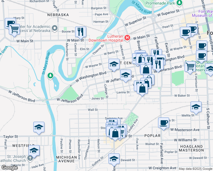map of restaurants, bars, coffee shops, grocery stores, and more near 1138 Wilt Street in Fort Wayne