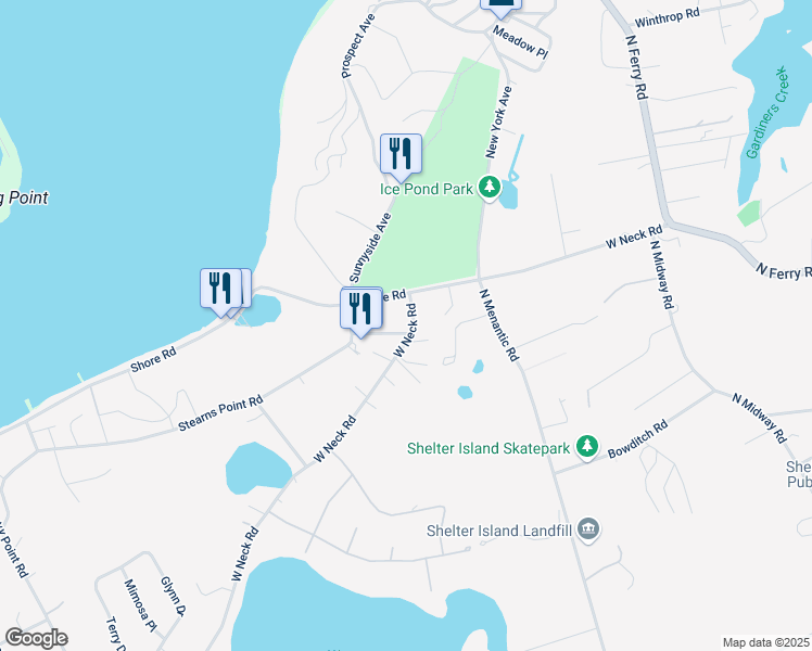 map of restaurants, bars, coffee shops, grocery stores, and more near 53 West Neck Road in Shelter Island Heights