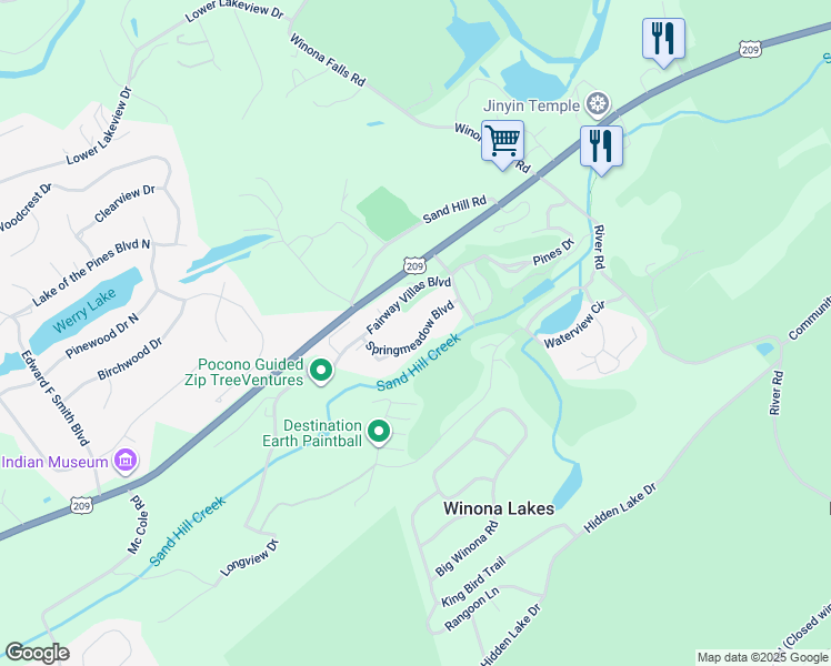 map of restaurants, bars, coffee shops, grocery stores, and more near 1639 Springmeadow Boulevard in East Stroudsburg