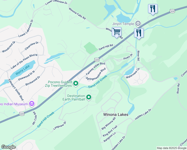 map of restaurants, bars, coffee shops, grocery stores, and more near 1649 Springmeadow Boulevard in East Stroudsburg