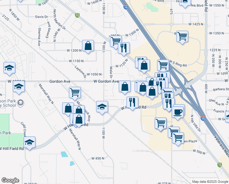 map of restaurants, bars, coffee shops, grocery stores, and more near 926 North 1125 West in Layton