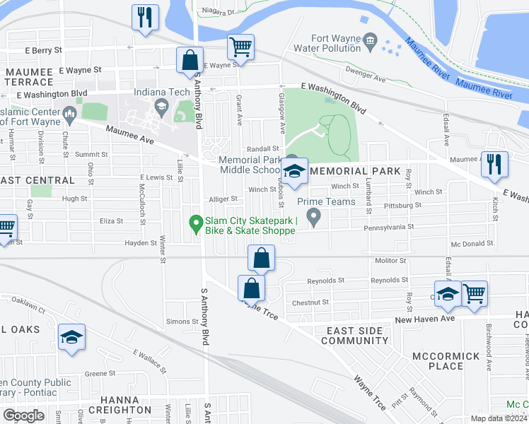 map of restaurants, bars, coffee shops, grocery stores, and more near 1337 Wabash Avenue in Fort Wayne