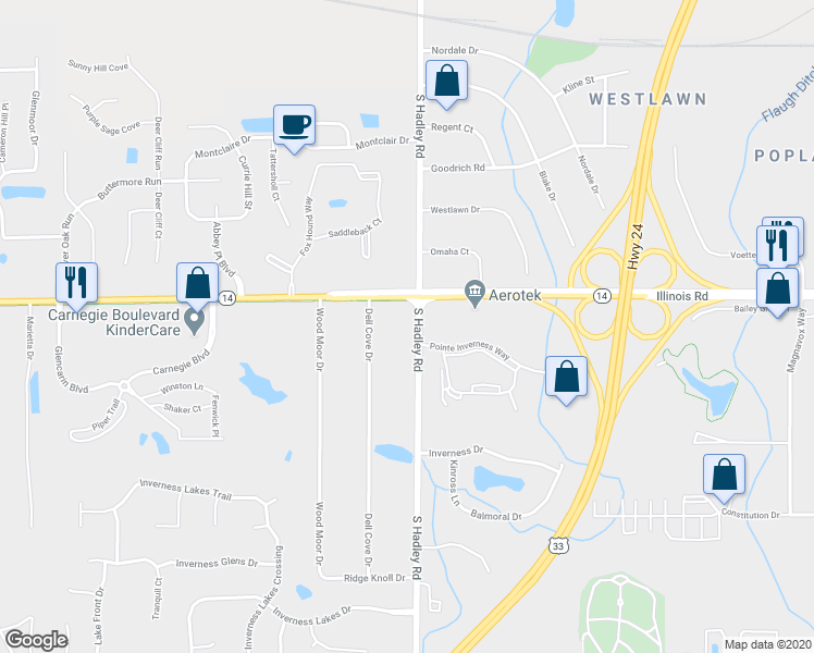 map of restaurants, bars, coffee shops, grocery stores, and more near 1228 South Hadley Road in Fort Wayne
