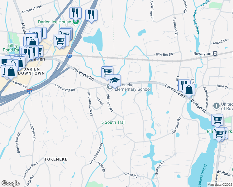 map of restaurants, bars, coffee shops, grocery stores, and more near 7 Old Farm Road in Darien