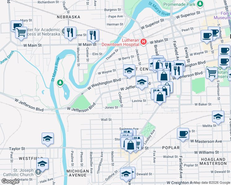 map of restaurants, bars, coffee shops, grocery stores, and more near 1124 Nelson Street in Fort Wayne